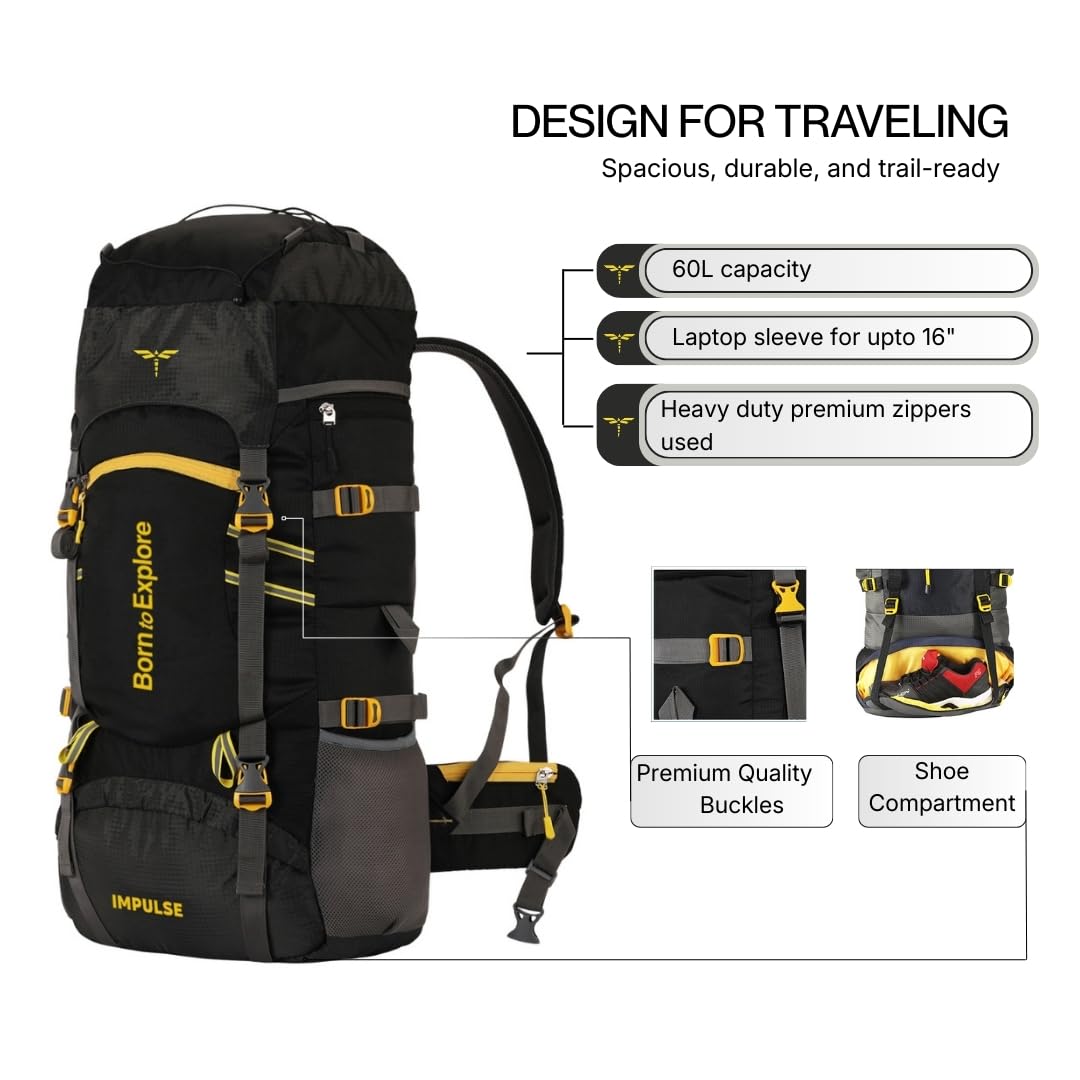 Impulse Rucksack Travel Bags for Men, Tourist Backpack for Hiking, Trekking Camping Thames Blue Bag with 1 Year Warranty, Cedar Black, 60 Litres