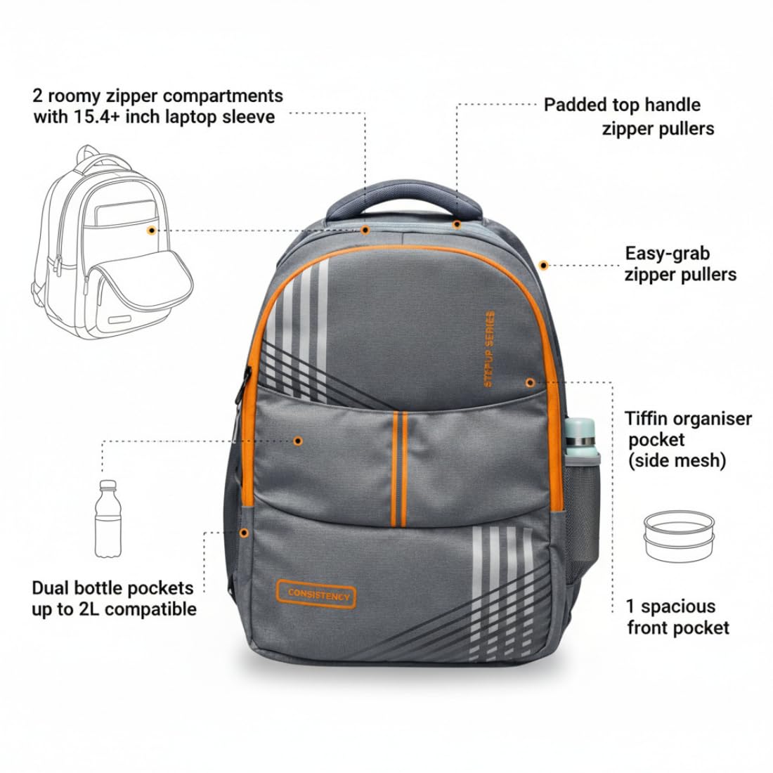 Step Up CONSISTENCY PRO 35 L Laptop Backpack for Men & Unisex | Water-Resistant Nylon Backpack | Fits up to 15.6 Inch Laptop | 19 Inch Office & College Bag..