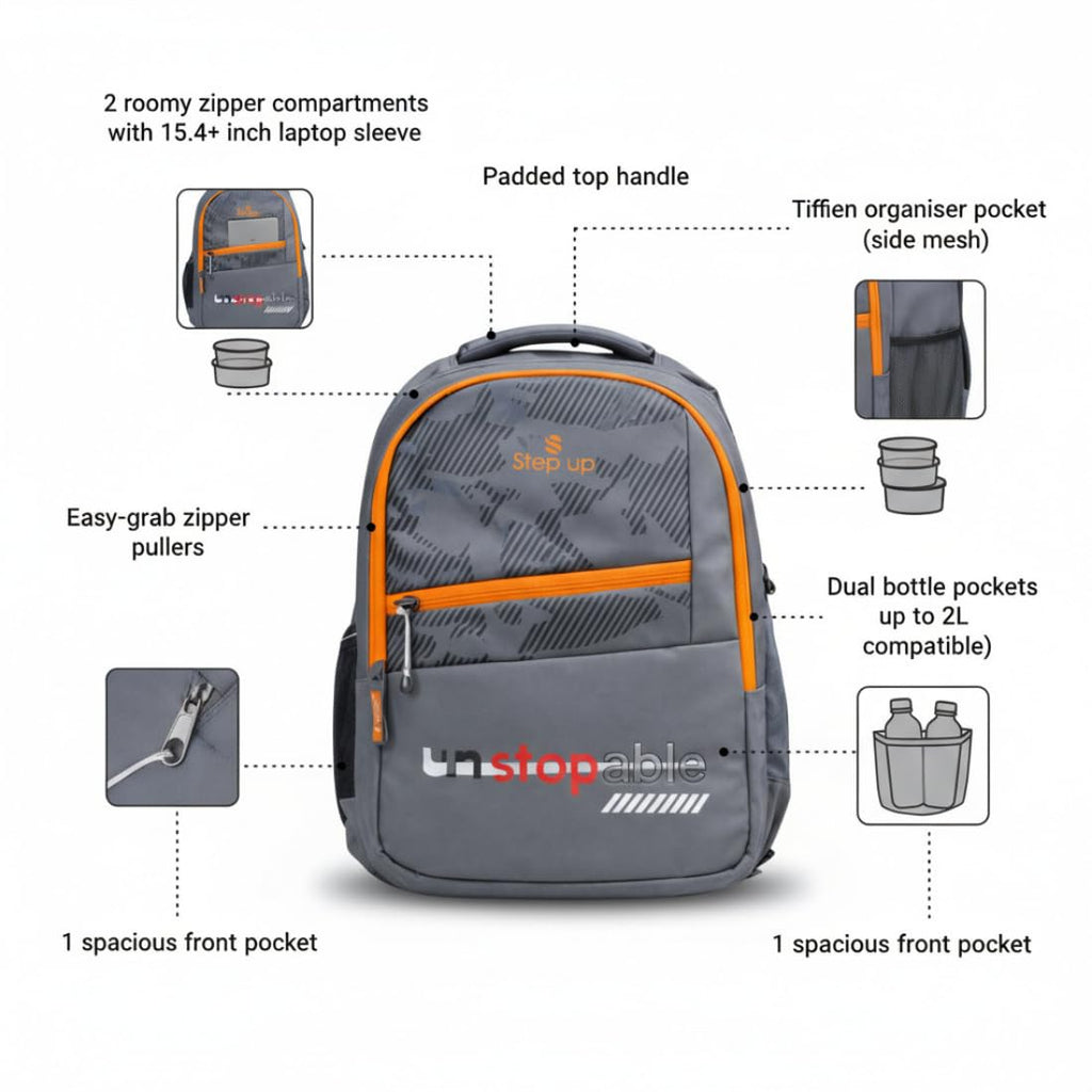 Step Up *UNSTOPABLE* 37 L Laptop Backpack for Men & Unisex | Water-Resistant Nylon Backpack | Fits up to 15.6 Inch Laptop | 19 Inch Travel & College Bag.