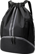 Sports Drawstring Backpack for Men & Women – Waterproof Gym Bag with Separate Shoe Compartment & Mesh Pockets – Lightweight Basketball, Swimming & Travel Kit Bag (Black)