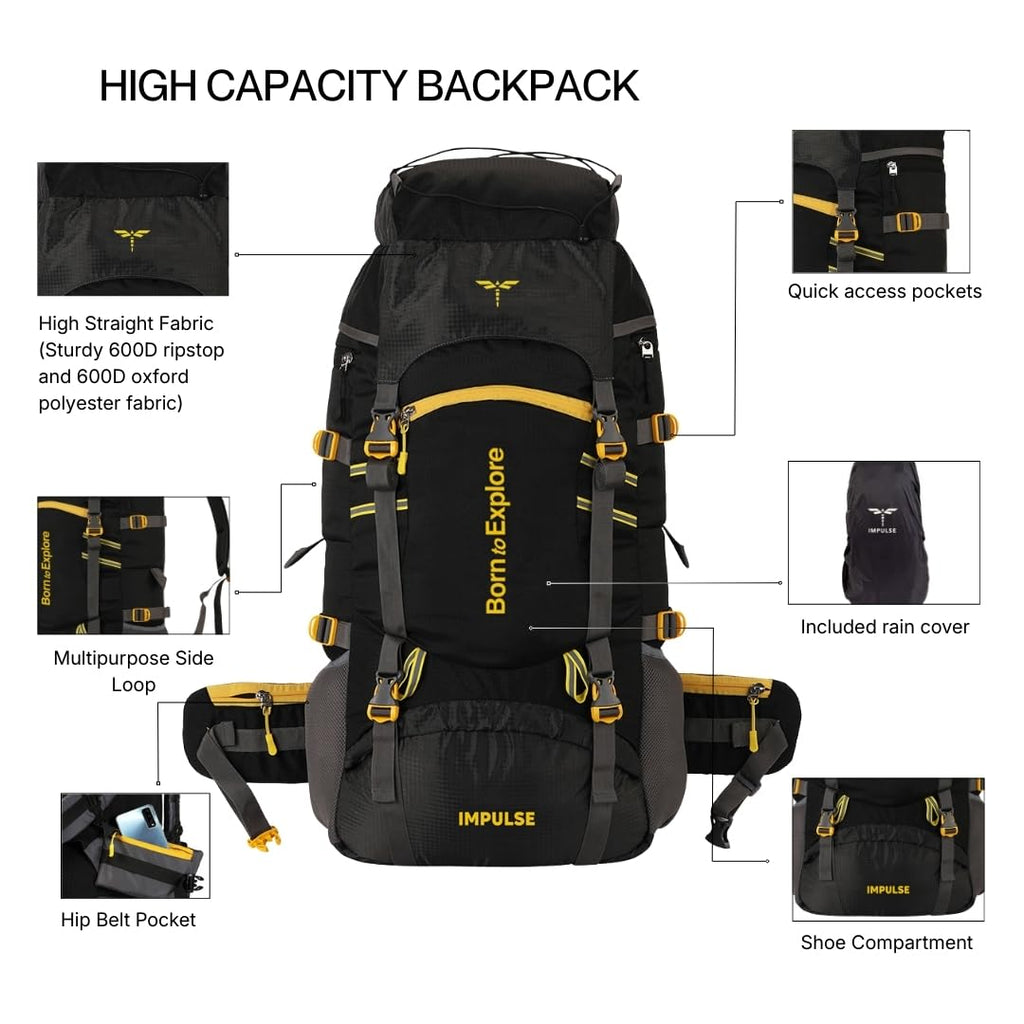 Impulse Rucksack Travel Bags for Men, Tourist Backpack for Hiking, Trekking Camping Thames Blue Bag with 1 Year Warranty, Cedar Black, 60 Litres