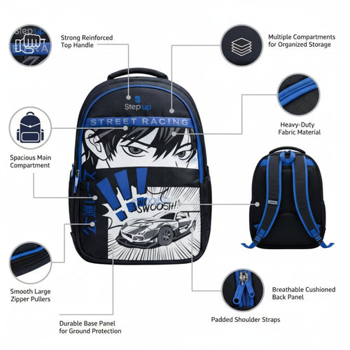 Step Up STREET RACING 35 L Laptop Backpack for Men & Unisex | Water-Resistant Nylon Backpack | Fits up to 15.6 Inch Laptop | 19 Inch College & Travel Bag.