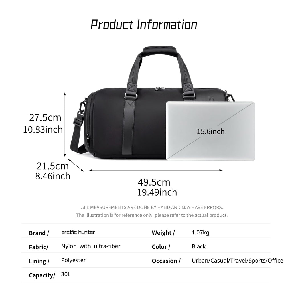 Arctic Hunter Duffle Bag for Travel Gym Nylon 30L Office Hand Bag for Men Women Multiple-Pocket Nylon Water-Repellent Sports Duffel Bag with Shoes Compartment & Detachable Shoulder Strap (Black)