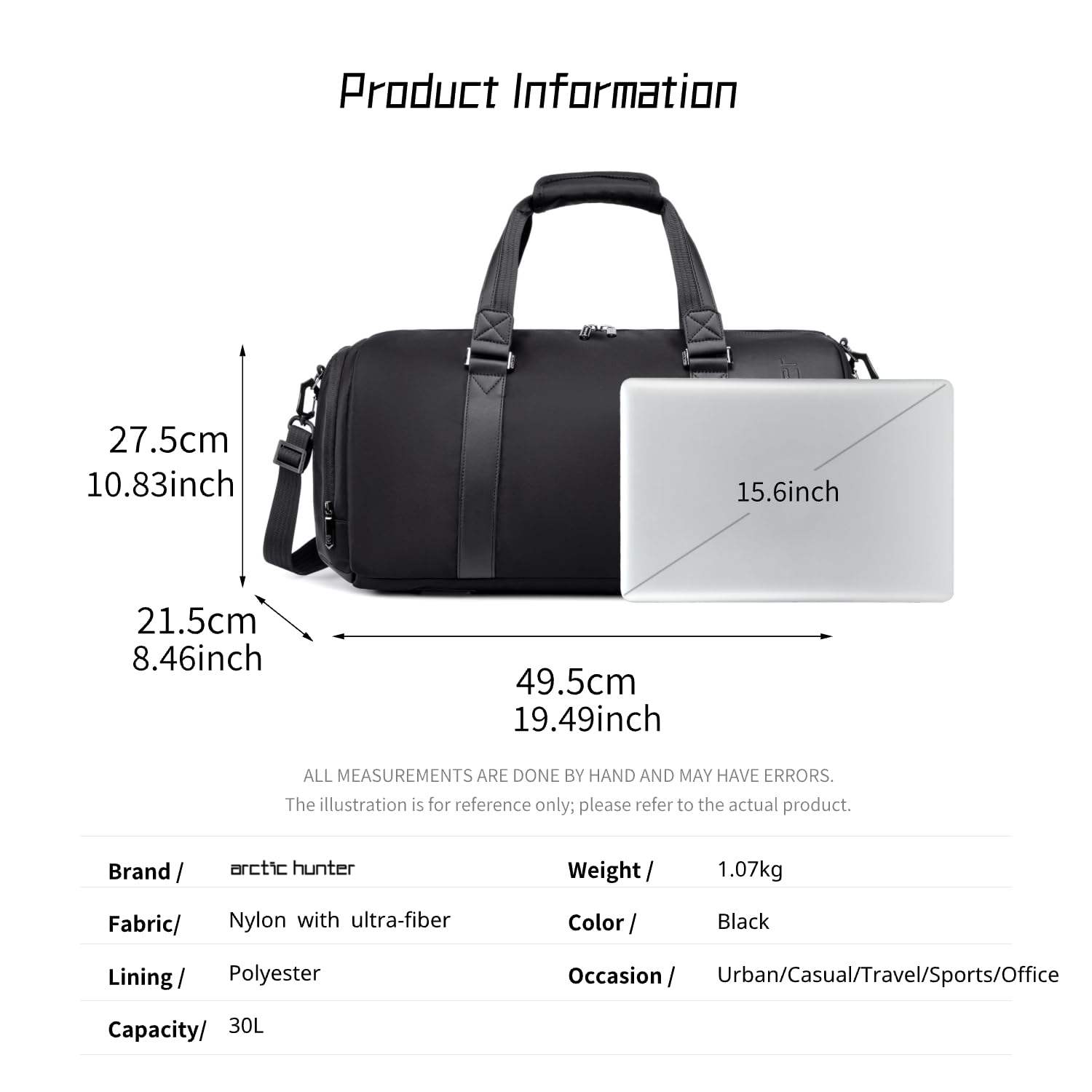 Arctic Hunter Duffle Bag for Travel Gym Nylon 30L Office Hand Bag for Men Women Multiple-Pocket Nylon Water-Repellent Sports Duffel Bag with Shoes Compartment & Detachable Shoulder Strap (Black)