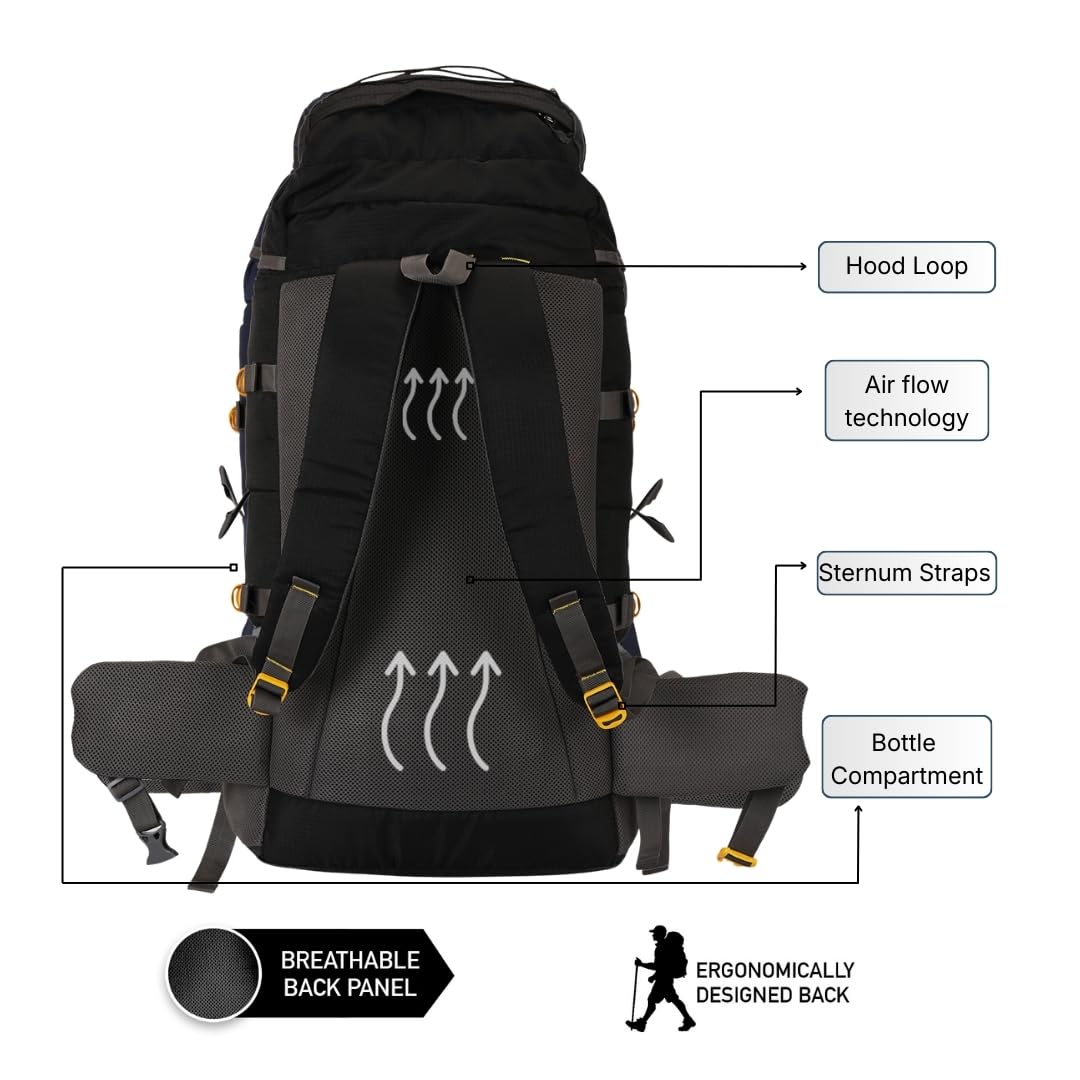 Impulse Rucksack Travel Bags for Men, Tourist Backpack for Hiking, Trekking Camping Thames Blue Bag with 1 Year Warranty, Cedar Black, 60 Litres