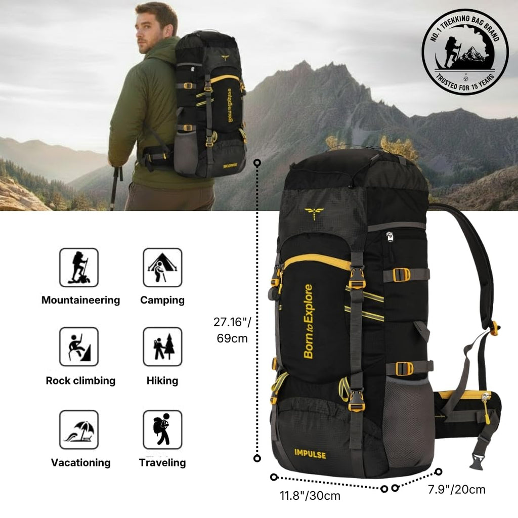 Impulse Rucksack Travel Bags for Men, Tourist Backpack for Hiking, Trekking Camping Thames Blue Bag with 1 Year Warranty, Cedar Black, 60 Litres