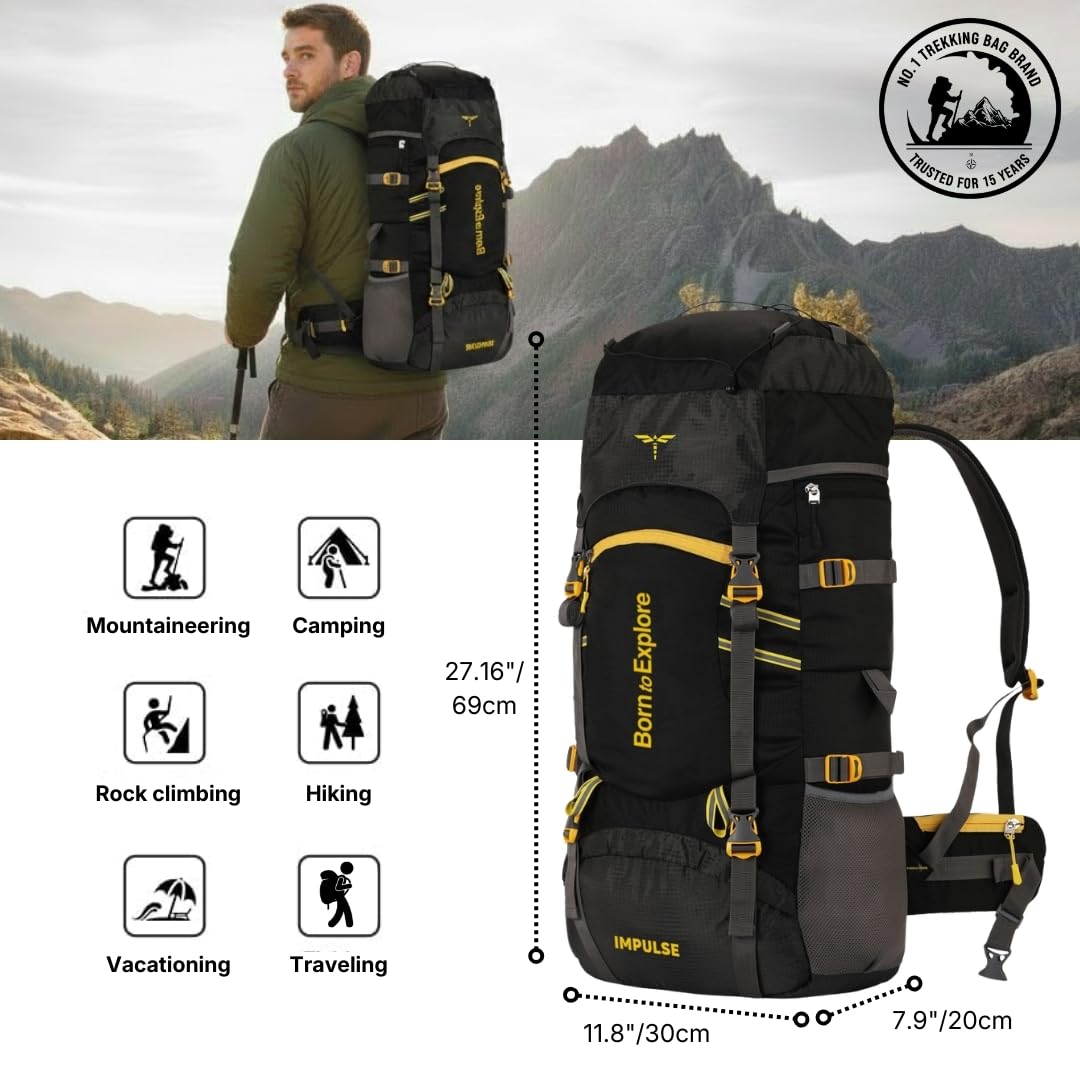 Impulse Rucksack Travel Bags for Men, Tourist Backpack for Hiking, Trekking Camping Thames Blue Bag with 1 Year Warranty, Cedar Black, 60 Litres