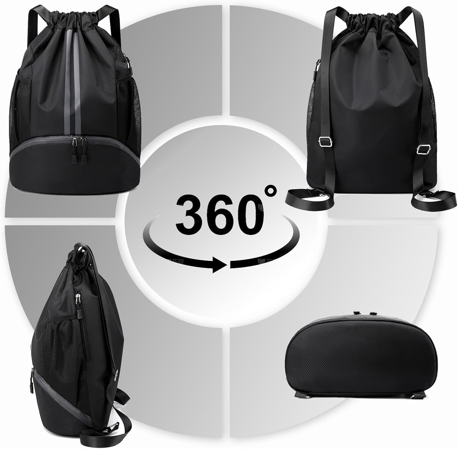 Sports Drawstring Backpack for Men & Women – Waterproof Gym Bag with Separate Shoe Compartment & Mesh Pockets – Lightweight Basketball, Swimming & Travel Kit Bag (Black)