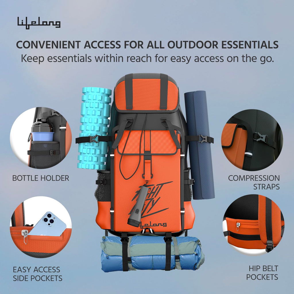 Lifelong 80 Ltr Travel Backpack - Rucksack Bags For Men & Women's - Trekking Bag Laptop Compartment - Tourist Bag For Travel, Hiking, Camping & Trekking- Rucksack Bag Accessories - Orange, 1