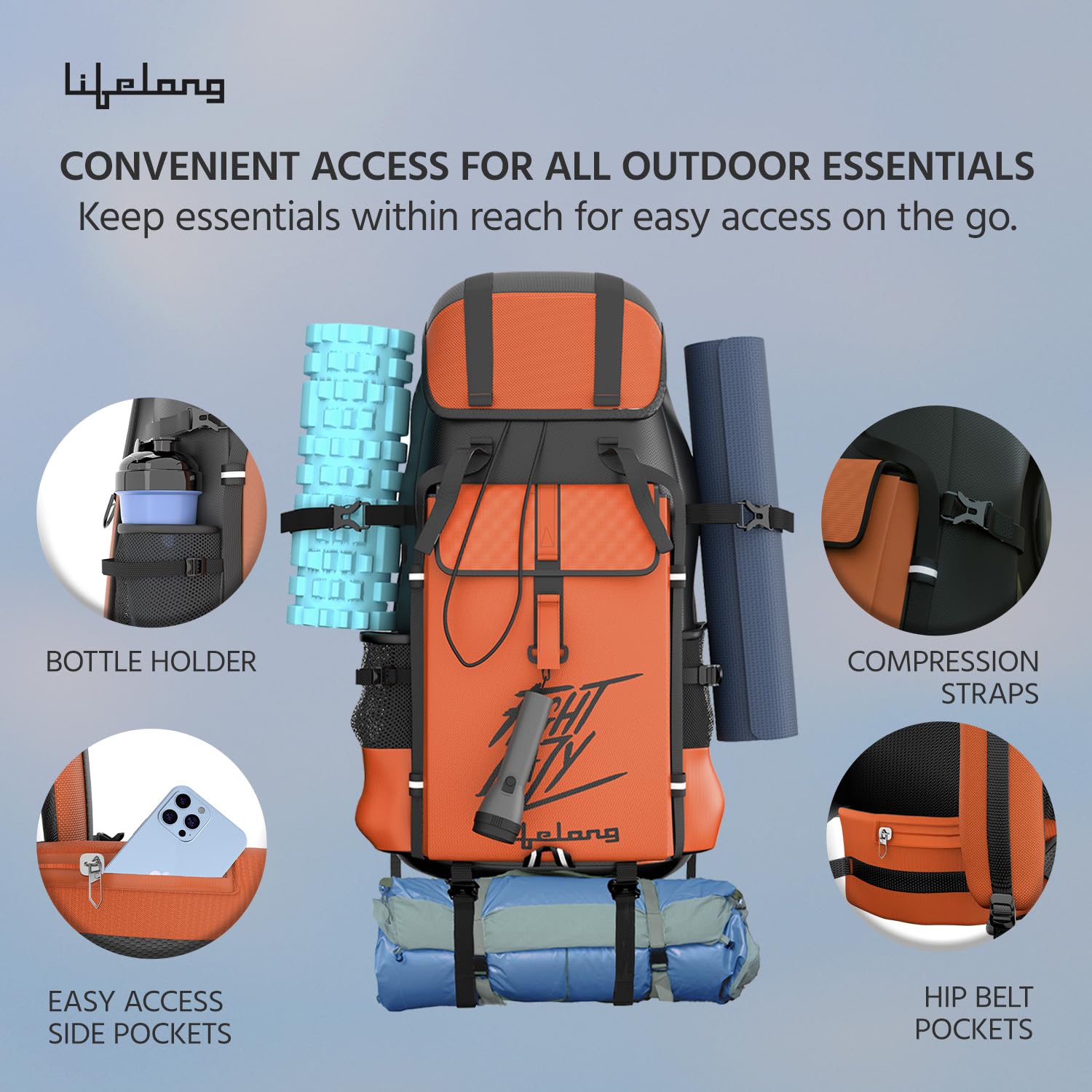 Lifelong 80 Ltr Travel Backpack - Rucksack Bags For Men & Women's - Trekking Bag Laptop Compartment - Tourist Bag For Travel, Hiking, Camping & Trekking- Rucksack Bag Accessories - Orange, 1
