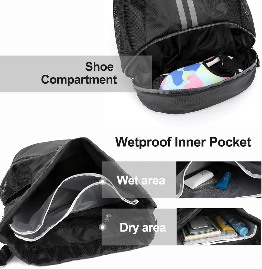 Sports Drawstring Backpack for Men & Women – Waterproof Gym Bag with Separate Shoe Compartment & Mesh Pockets – Lightweight Basketball, Swimming & Travel Kit Bag (Black)