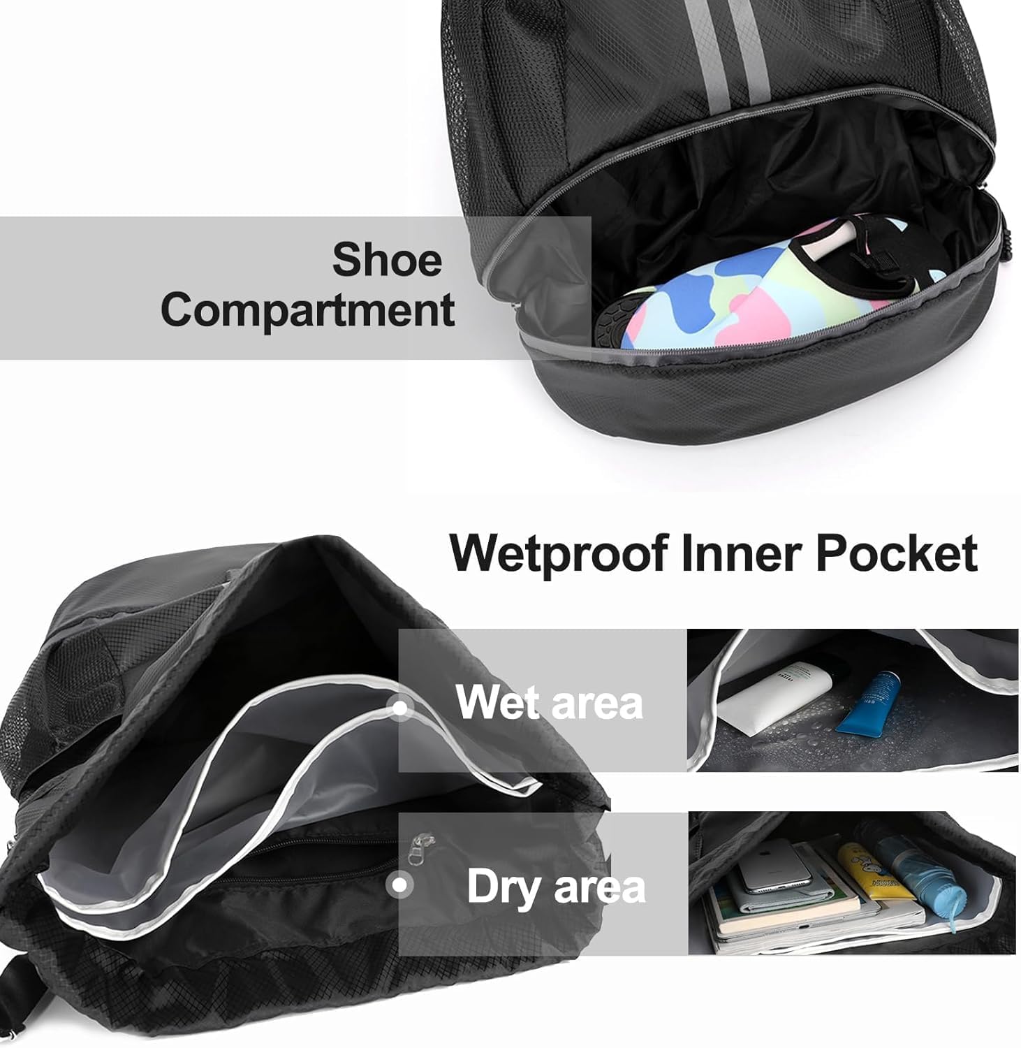 Sports Drawstring Backpack for Men & Women – Waterproof Gym Bag with Separate Shoe Compartment & Mesh Pockets – Lightweight Basketball, Swimming & Travel Kit Bag (Black)