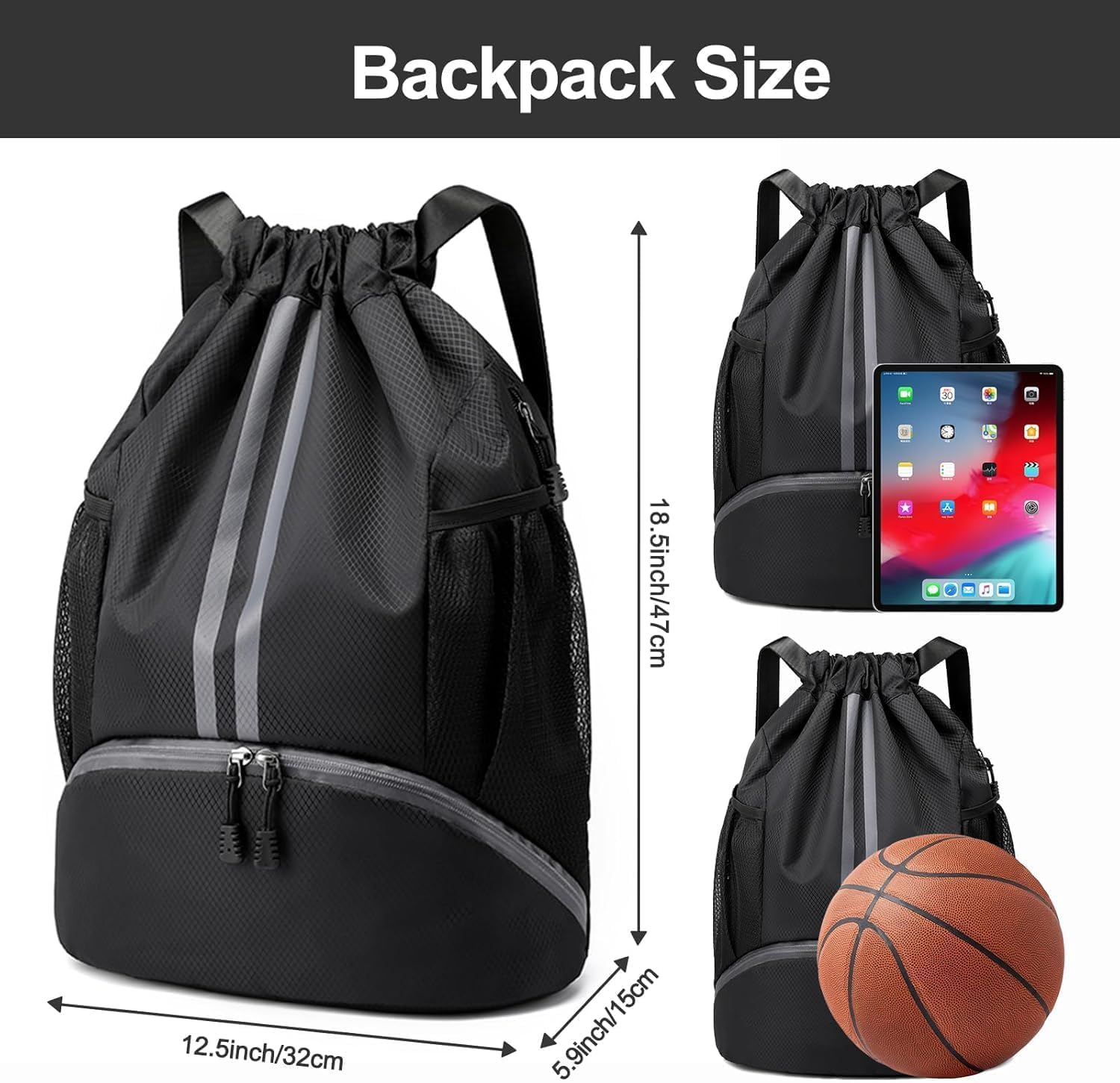 Sports Drawstring Backpack for Men & Women – Waterproof Gym Bag with Separate Shoe Compartment & Mesh Pockets – Lightweight Basketball, Swimming & Travel Kit Bag (Black)