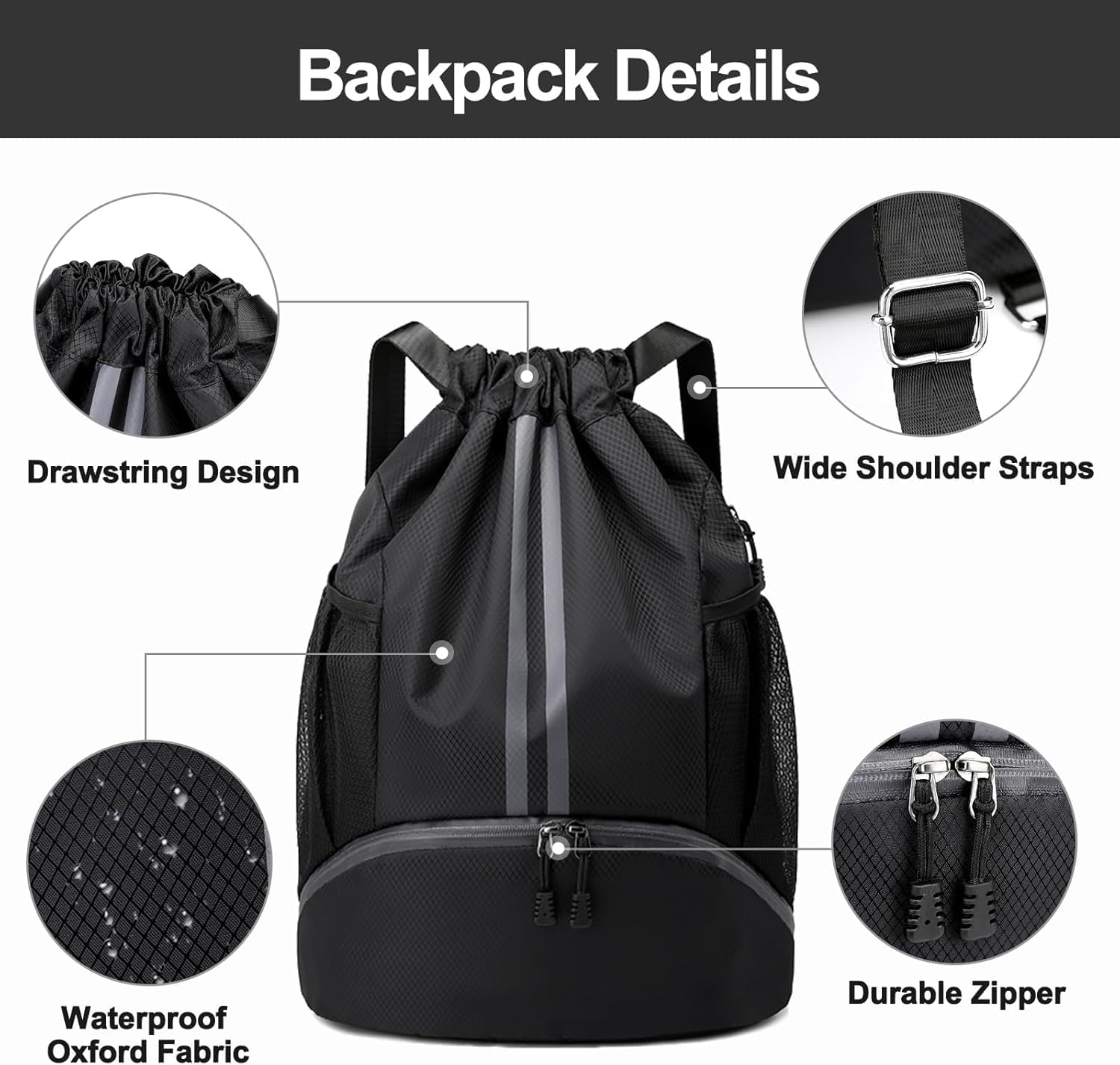 Sports Drawstring Backpack for Men & Women – Waterproof Gym Bag with Separate Shoe Compartment & Mesh Pockets – Lightweight Basketball, Swimming & Travel Kit Bag (Black)