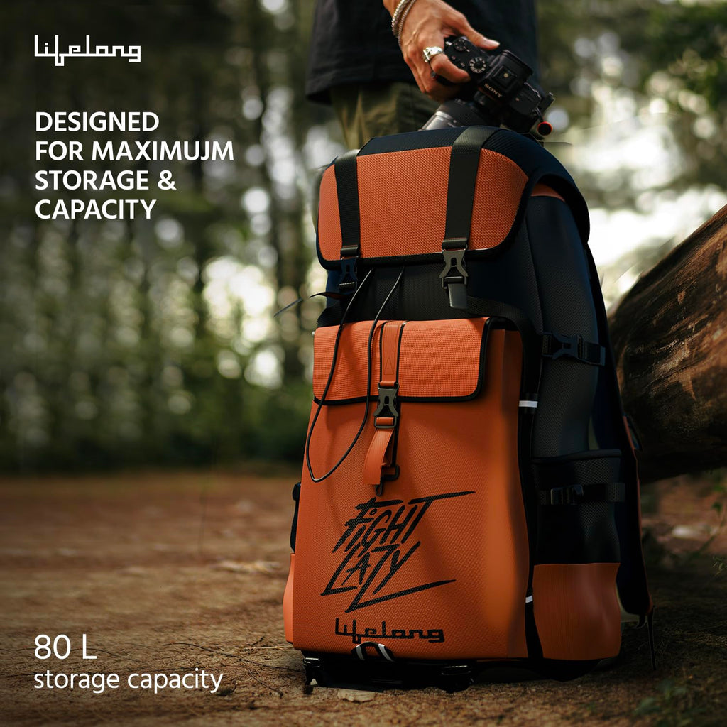 Lifelong 80 Ltr Travel Backpack - Rucksack Bags For Men & Women's - Trekking Bag Laptop Compartment - Tourist Bag For Travel, Hiking, Camping & Trekking- Rucksack Bag Accessories - Orange, 1