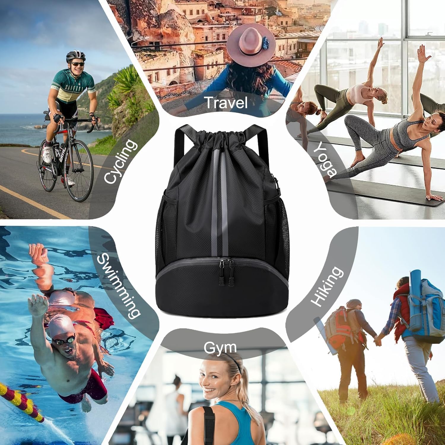 Sports Drawstring Backpack for Men & Women – Waterproof Gym Bag with Separate Shoe Compartment & Mesh Pockets – Lightweight Basketball, Swimming & Travel Kit Bag (Black)